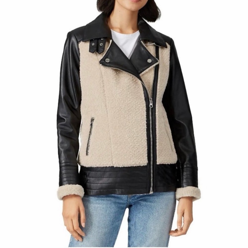 Slate & Willow Womens Large Beige Sherpa Black Genuine Leather Moto Aviator Coat - Picture 3 of 10